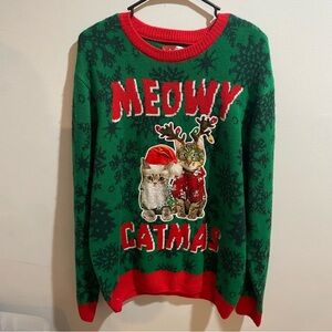 'Meowy Catmas' Sweater Green Red Christmas Cats Unisex XL Women’s Holiday Funny
